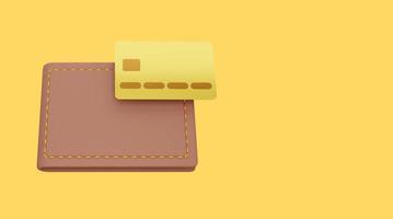 Icon savings, enrichment. Closed wallet with credit card on yellow background, space for text banner. Payment concept. 3d rendering. photo