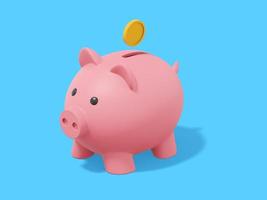 Accumulation of savings icon. 3D rendering. Pink piggy bank with falling coins on blue background. photo