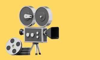 Vintage black cartoon style movie camera. Funny retro video camera. 3D rendering. Icon on yellow background, text space. photo