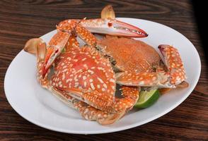 Boiled crabs on the plate and wooden background photo