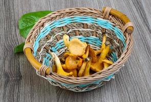 Chanterelle in a basket on wooden background photo