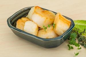 Grilled scallops in a bowl on wooden background photo