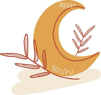 Cute Boho Crescent Moon and Leaves Hand Drawn Boho Illustration
