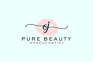 diseño de logotipo prefabricado inicial de labios de acuarela de oj, logotipo para marca comercial de artista de maquillaje, diseño de logotipo de boutique de belleza rubor, logotipo de caligrafía con plantilla creativa. vector