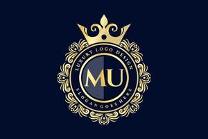 MU Initial Letter Gold calligraphic feminine floral hand drawn heraldic monogram antique vintage style luxury logo design Premium Vector