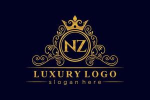 NZ Initial Letter Gold calligraphic feminine floral hand drawn heraldic monogram antique vintage style luxury logo design Premium Vector