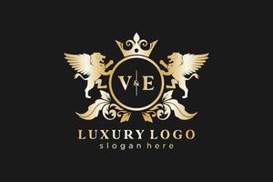 Initial VE Letter Lion Royal Luxury Logo template in vector art for Restaurant, Royalty, Boutique, Cafe, Hotel, Heraldic, Jewelry, Fashion and other vector illustration.