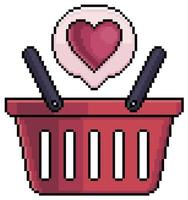 cesta de la compra de pixel art con icono de marcador, icono de vector de icono de corazón para juego de 8 bits sobre fondo blanco