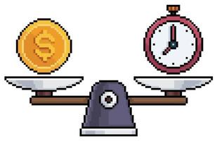 Pixel art scales with coin and clock, money and time comparison vector icon for 8bit game on white background