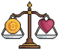 Pixel art scales with money and heart, scales of law vector icon for 8bit game on white background