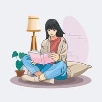 Hygge lifestyle illustration. Relaxing reading a book at home vector illustration pro download