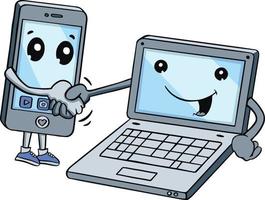 Computer and phone friendship, connect hand drawn icon vector