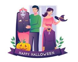 Happy Halloween with a couple trying dressed spooky outfits to prepare for the Halloween night party. Vector illustration in flat style