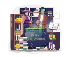 Happy Halloween illustration with a Witch making a green magical potion in an old large cauldron. Vector illustration in flat style