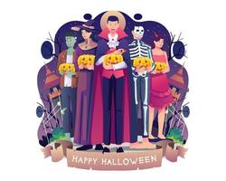 grupo de personas disfrazadas de vampiro, bruja, esqueleto y zombi celebrando halloween. la gente lleva calabazas de halloween. ilustración vectorial en estilo plano vector