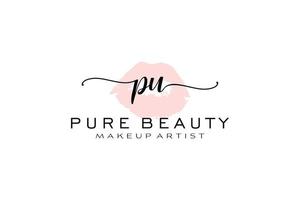 diseño de logotipo prefabricado inicial de labios de acuarela pu, logotipo para la marca comercial de maquilladores, diseño de logotipo de boutique de belleza ruborizada, logotipo de caligrafía con plantilla creativa. vector