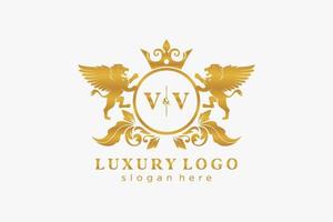 Initial VV Letter Lion Royal Luxury Logo template in vector art for Restaurant, Royalty, Boutique, Cafe, Hotel, Heraldic, Jewelry, Fashion and other vector illustration.