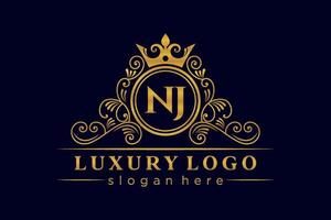 NJ Initial Letter Gold calligraphic feminine floral hand drawn heraldic monogram antique vintage style luxury logo design Premium Vector