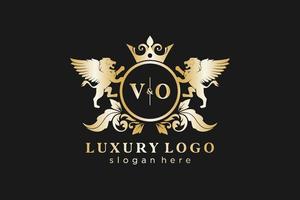 Initial VO Letter Lion Royal Luxury Logo template in vector art for Restaurant, Royalty, Boutique, Cafe, Hotel, Heraldic, Jewelry, Fashion and other vector illustration.