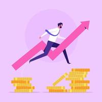 Businessman jumping from stack of coins to more money. Opportunity, business progress and more pay concept. Concept of striving for financial success, moving towards a goal vector