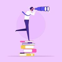 Research, investigation and curiosity concept. businessman standing on book looking at something with telescope spyglass trying to find something, find Opportunity, vector illustration