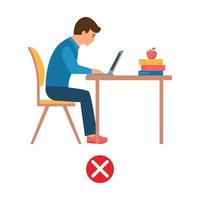 Incorrect posture. Boy sitting at laptop. Ergonomic sit   chair computer bad  body position.Healthy back. Vector illustration