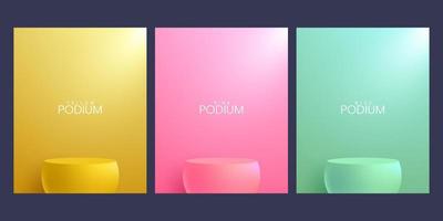 Set of realistic colorful abstract 3D room with yellow, soft bright blue and pink stand or podium vector