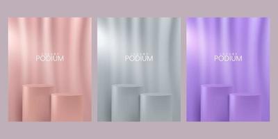 Modern pink grey purple cylinder pedestal podium, abstract empty room with curtains decorate vector