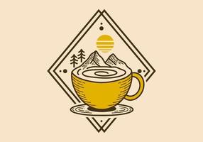 taza de café retro y diseño de ilustración de montaña vector