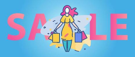 Vector cute woman character carrying shopping bags on color graphic background with mock-up text