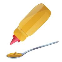 Mustard in yellow bottle. Dijon honey sauce cream. Vector design in cartoon style for food branding.