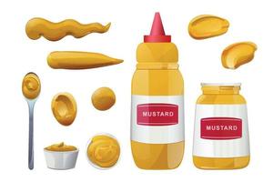 Mustard bottles and splashes set. Dijon honey sauce cream. Vector design in cartoon style for food branding.