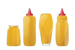 Mustard in yellow bottle. Dijon honey sauce cream. Vector design in cartoon style for food branding.