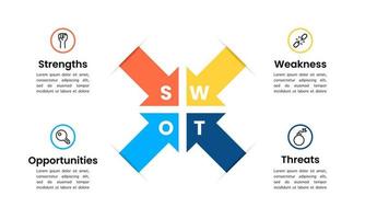 Four arrows with character point to the middle. Concepts of SWOT Analysis Templates or Strategic Planning Techniques. vector