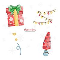 Watercolor Christmas decoration, Christmas tree, Christmas light, Gift box, Vector Illustration