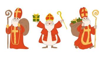 Saint Nicholas christmas characters vector set. Saint Nicholas christmas characters with standing pose and happy expression holding gifts . xmas design collection. Vector illustration