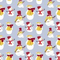 Seamless pattern with Set of Cute Christmas snowmen in hats and scarves. Funny characters.  Flat vector illustration.
