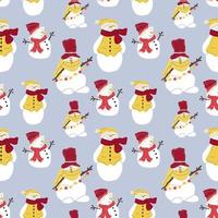 Seamless pattern with Set of Cute Christmas snowmen in hats and scarves. Funny characters.  Flat vector illustration.