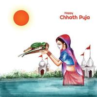 Indian women for happy chhath puja with background and sun vector