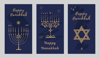 Happy Hanukkah lettering greeting card. Festive poster print typographical inscription. Vector illustration.