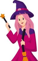 Cute Witch with Magic Wand Character Design Illustration vector