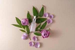A face serum or essential oil in a pink dropper bottle lying on a beige background with rose petals and green leaves around it photo