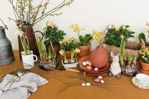 Easter holiday decor. Daffodils and hyacinths in a pot, eggs and a rabbit figurine and branches in vases photo