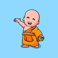 Cute Monk holding orange cartoon mascot logo vector