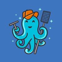 Octopus cleaning service cartoon character, flat design style vector