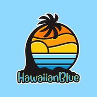 logotipo de dibujos animados al atardecer en la playa de hawaii, estilo de diseño plano vector