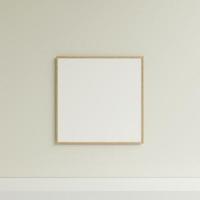 Clean and minimalist front view square wooden photo or poster frame mockup hanging on the wall. 3d rendering.