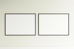 Clean and minimalist front view horizontal black photo or poster frame mockup hanging on the wall. 3d rendering.