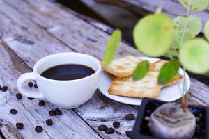 The hot black coffee in a white cup and the crackers are intense and go well together. photo