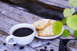 The hot black coffee in a white cup and the crackers are intense and go well together. photo
